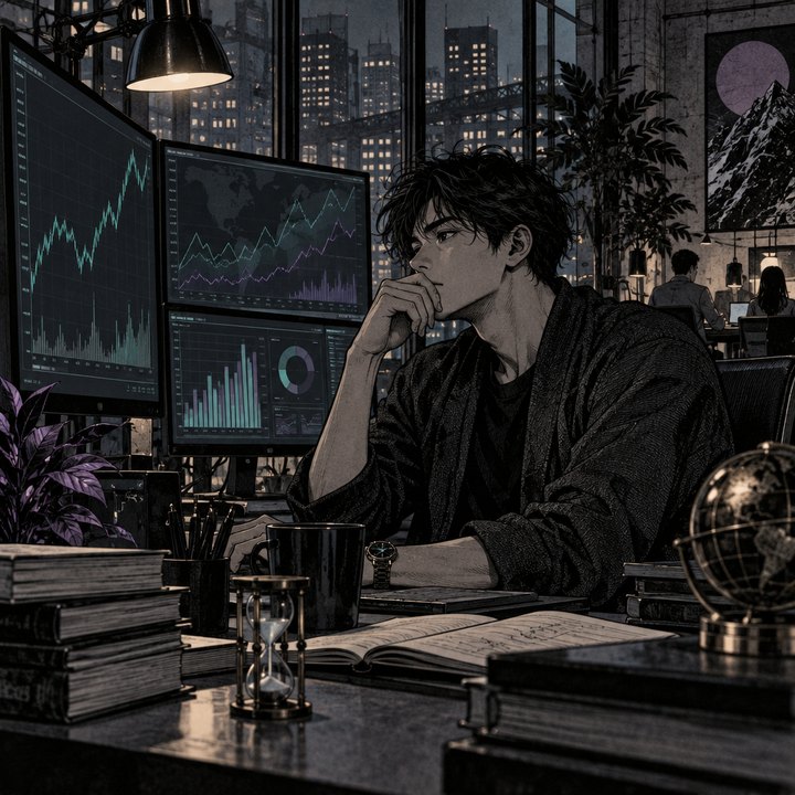 Hand-drawn Trade Feeld manga scene of a developing trader exploring Why Do Higher Rates Hit Some Companies Years Later?