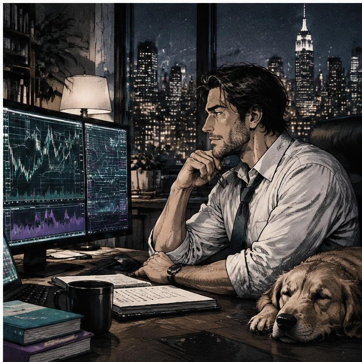 Hand-drawn Trade Feeld manga scene of a developing trader exploring Swing Trading Setups for Busy People