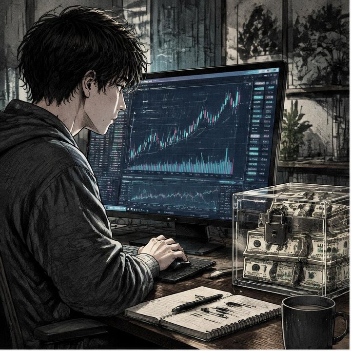 Hand-drawn Trade Feeld manga scene of a young trader exploring Paper Trading First: How to Practice Without Losing Money