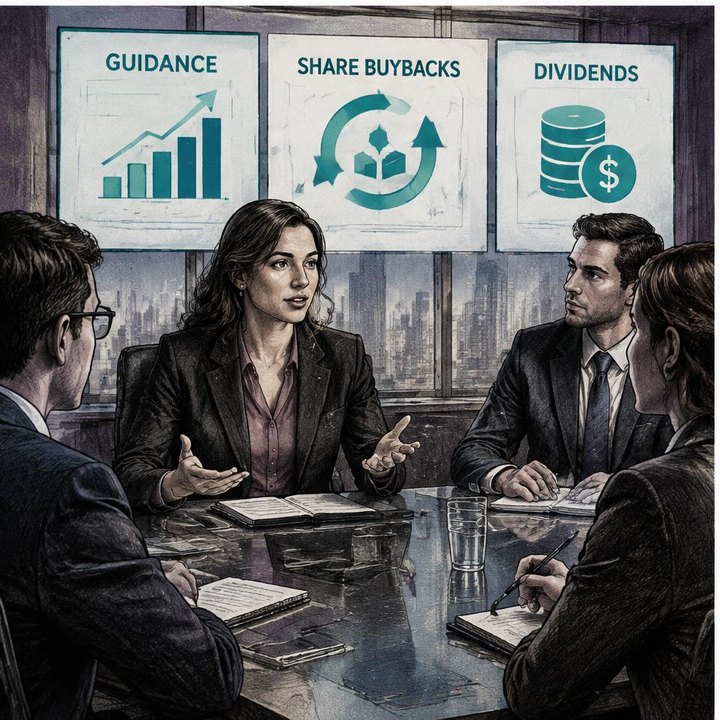 Hand-drawn Trade Feeld manga scene of a developing trader exploring Guidance, Buybacks & Dividends: The Other Fundamental Signals