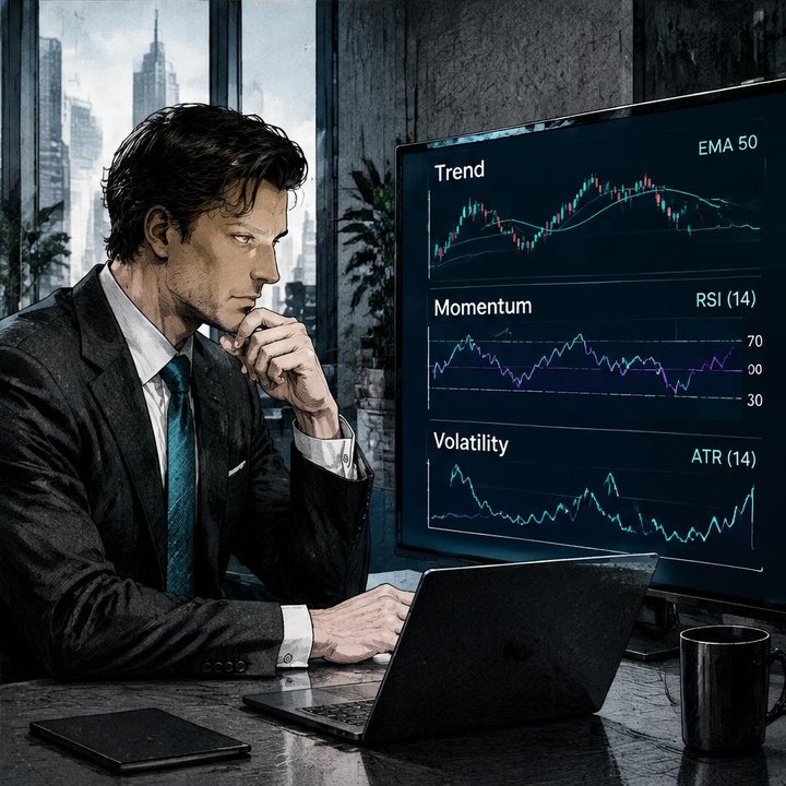 Hand-drawn Trade Feeld manga scene of a developing trader exploring The Only 3 Indicators You Need (and Why More Hurts)