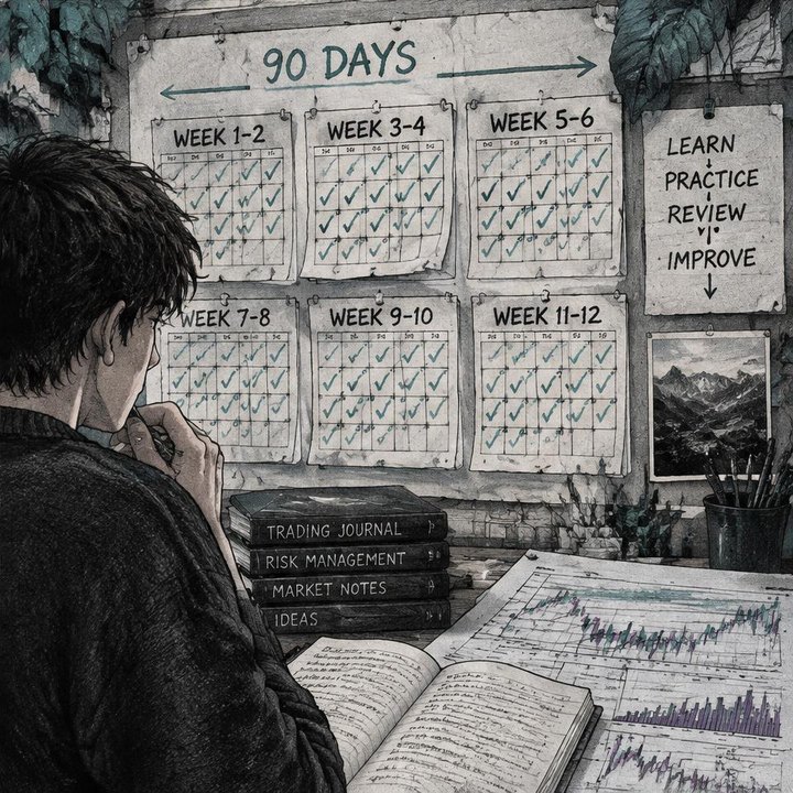 Hand-drawn Trade Feeld manga scene of a young trader exploring Learn Trading Free: An Honest 90-Day Roadmap