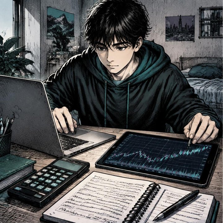 Hand-drawn Trade Feeld manga scene of a young trader exploring Free Trading Tools for Beginners