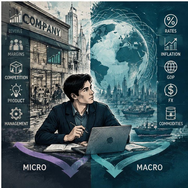 Hand-drawn Trade Feeld manga scene of a young trader exploring Micro vs Macro: How to Use Both in One Trade Idea