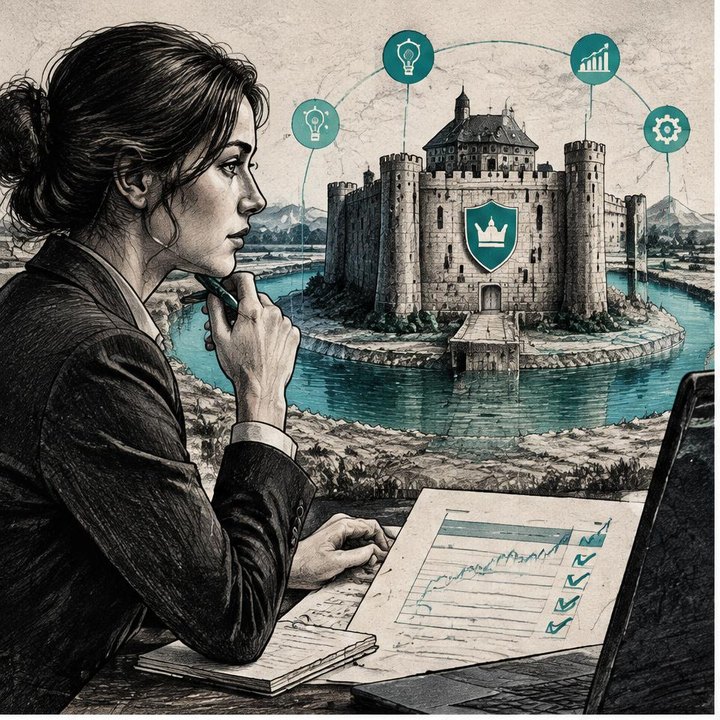 Hand-drawn Trade Feeld manga scene of a developing trader exploring Economic Moats: Spotting Durable Companies