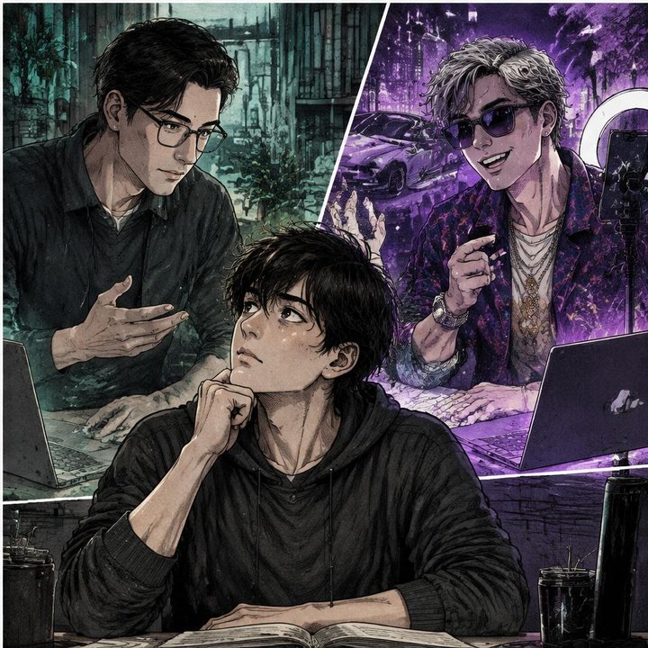 Hand-drawn Trade Feeld manga scene of a young trader exploring Best Trading Coach & Influencer: How to Choose One You Can Trust