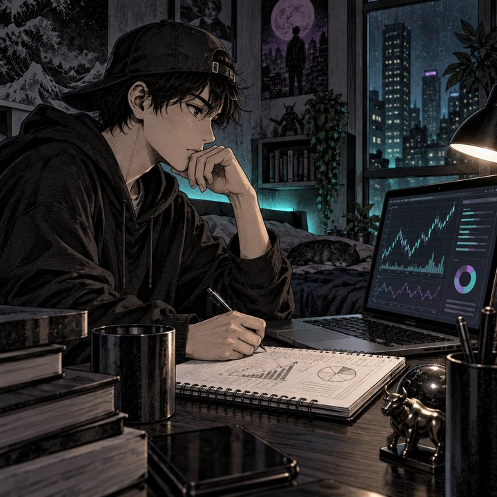 Hand-drawn Trade Feeld manga scene of a young trader exploring Cash Account or Margin Account: Which Should a Beginner Use?