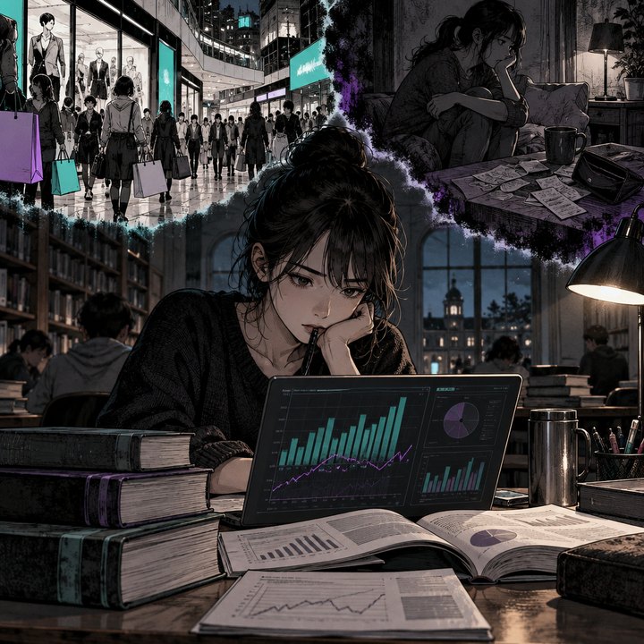 Hand-drawn Trade Feeld manga scene of a developing trader exploring Why Can Strong Retail Sales Hide a Weak Consumer?