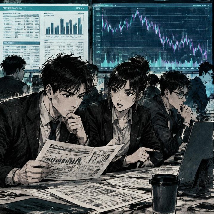Hand-drawn Trade Feeld manga scene of a developing trader exploring Earnings Season Playbook: How to Trade Corporate Reports