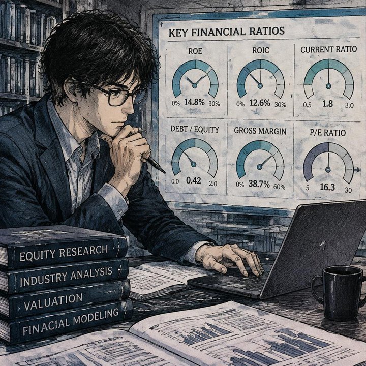 Hand-drawn Trade Feeld manga scene of a developing trader exploring Key Financial Ratios Every Trader Should Know
