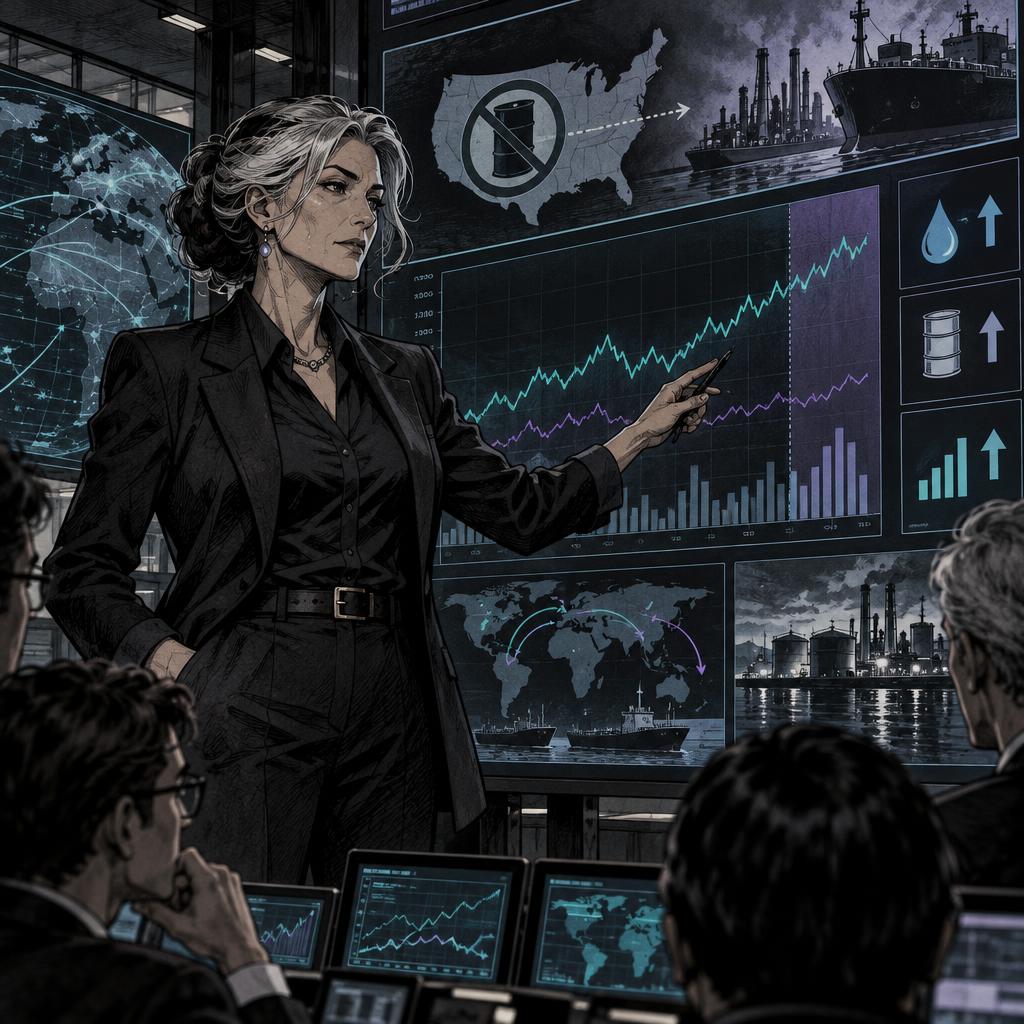 Hand-drawn Trade Feeld manga scene of a expert trader exploring How Would a US Diesel Export Ban Affect Oil Prices?