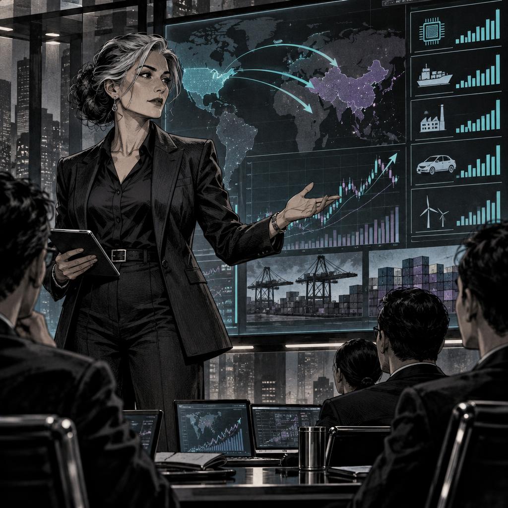 Hand-drawn Trade Feeld manga scene of a expert trader exploring Which Stocks Could Benefit From the US-China Tariff Cuts?