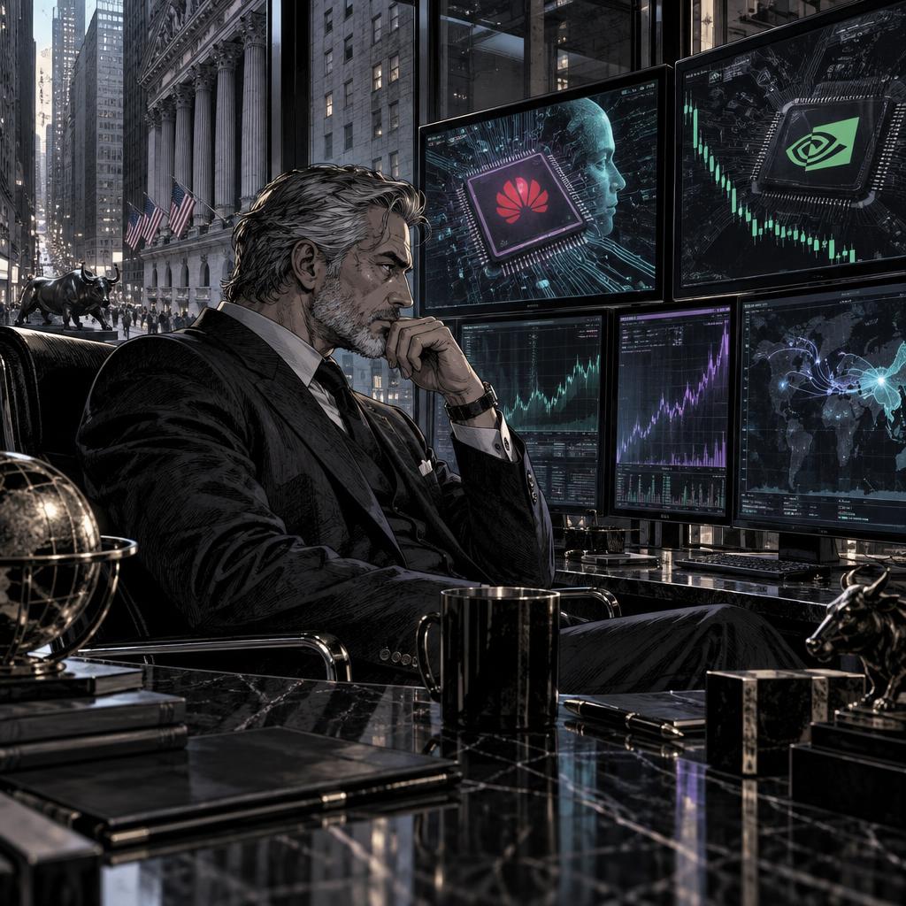 Hand-drawn Trade Feeld manga scene of a expert trader exploring Will DeepSeek's Huawei AI Chip Software Hurt Nvidia Stock?