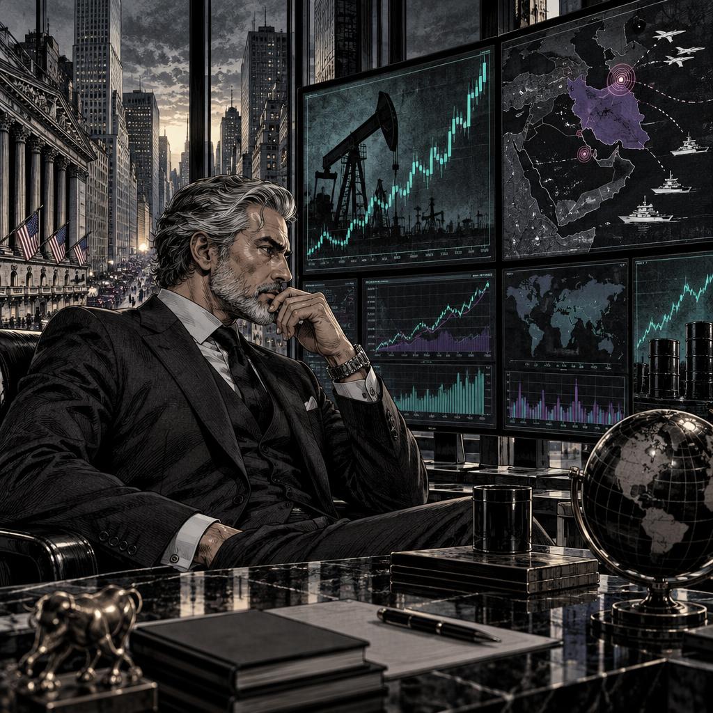 Hand-drawn Trade Feeld manga scene of a expert trader exploring Will Oil Prices Keep Rising if the US Attacks Iran?