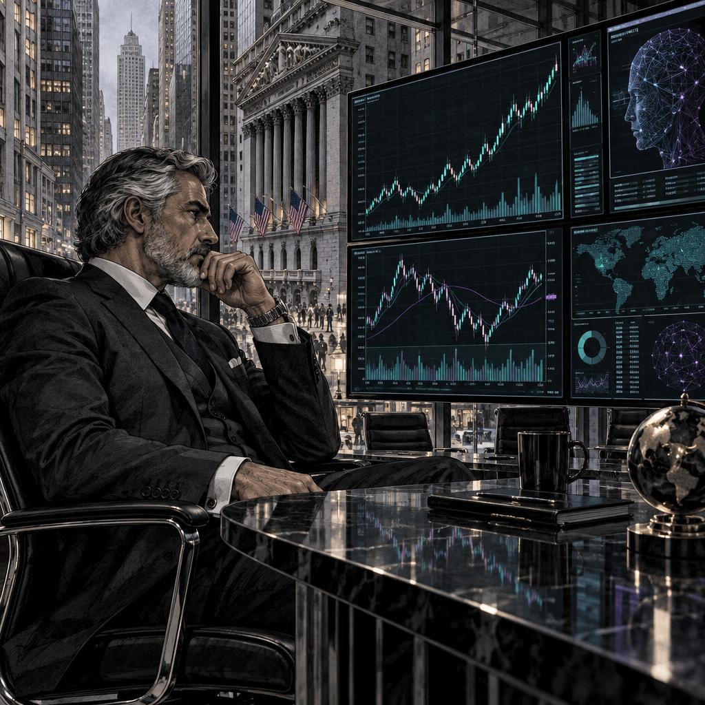Hand-drawn Trade Feeld manga scene of a expert trader exploring Will Tech Stocks Keep Recovering Despite AI Profit Concerns?