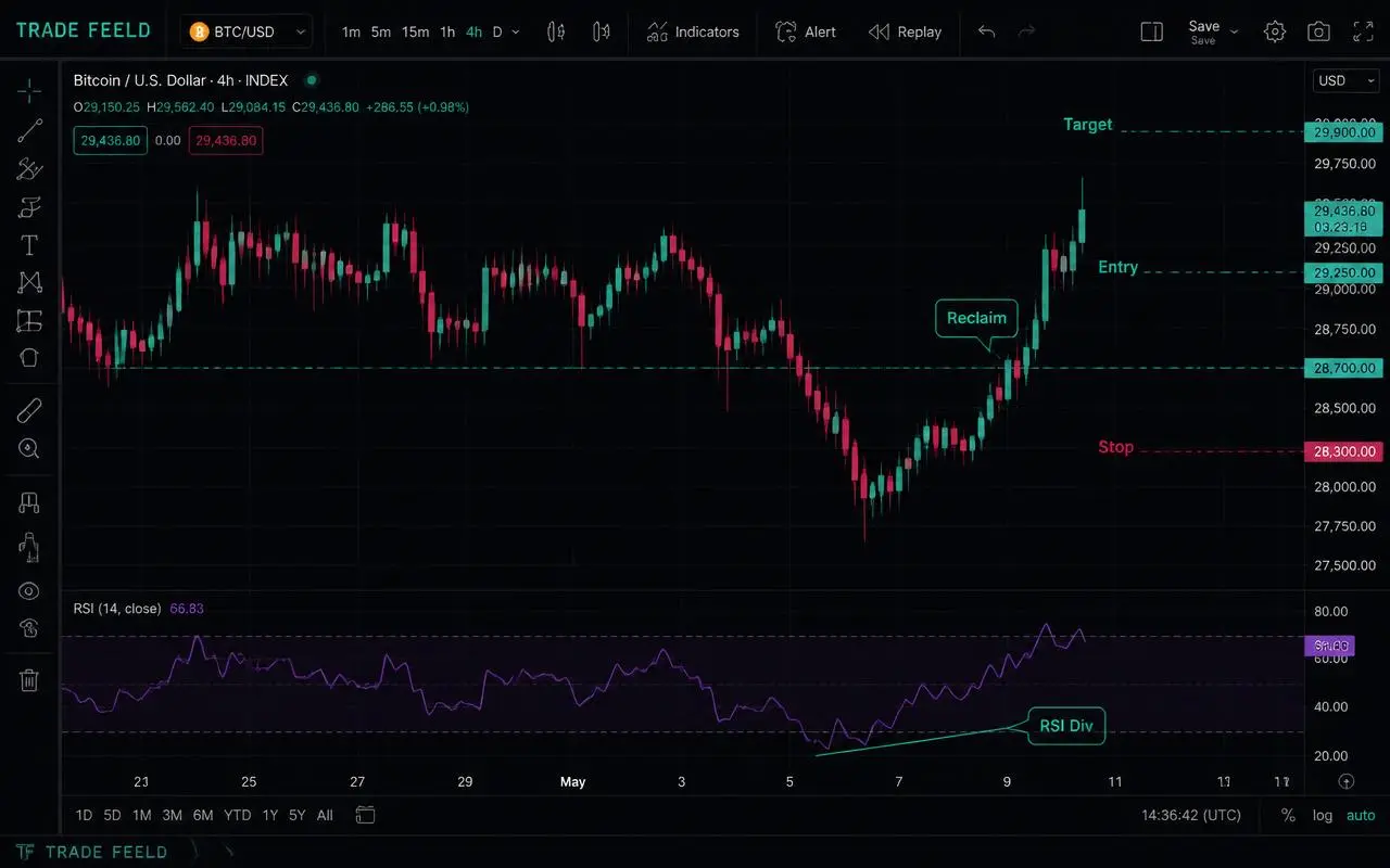 Range reclaim, RSI divergence